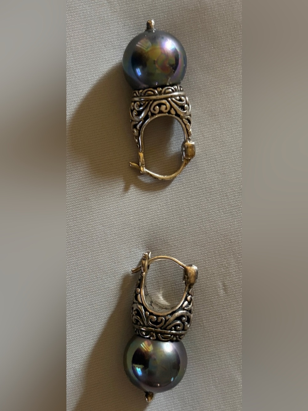 925 stamped Elegant Silver Filigree Black Pearl Drop Earrings - Picture 3 of 4